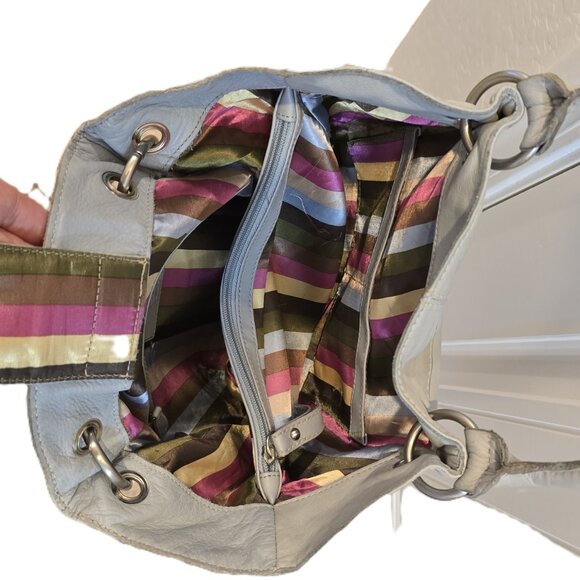 Tignanello Gray Leather Tote Bucket Bag With Striped Interior Double Handles - Picture 8 of 13